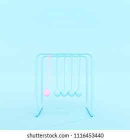 Newtons Cradle Or Pendulum Isolated On Blue Pastel Background, Minimal Concept 3d Render.