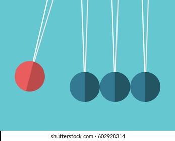 Newton's cradle. Red sphere hanging on threads hitting many blue ones. Leadership, power and uniqueness concept. Flat design