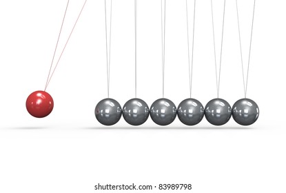 Newtons cradle White floor. One red Ball in the Pendulum.