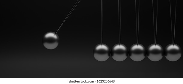 newton's pendulum minimalist image in dark shades 3d render. copyspace, landscape format. time and business concept.
