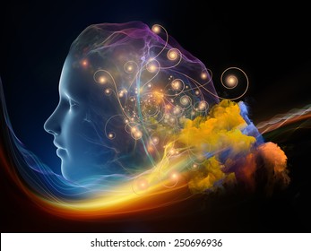 Next Generation AI Series. Background Composition Of  Fusion Of Human Head And Fractal Shape To Complement Your Layouts On The Subject Of Mind, Consciousness And Spirituality