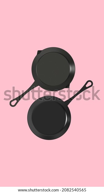 next to pot with handle and frying pan. top\
view of kitchen appliances. Dishes on pink background. Vertical\
image. 3D image. 3D\
rendering.