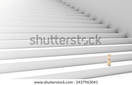 Next step forward concept design of Wooden people on the whie stairs 3D render
