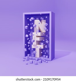 NFT 3D text composition at the open door with data cubes particles around. 3d render crypto art concept with non-fungible token abbreviation typography design.