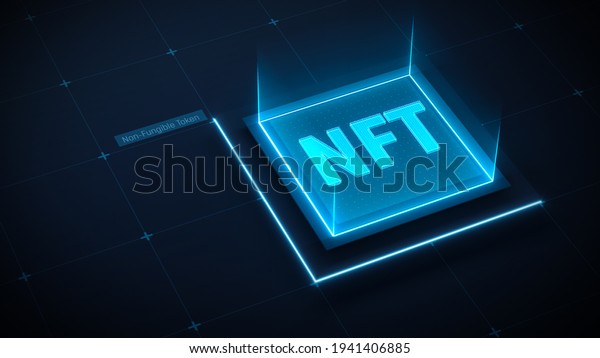 NFT art concept. Non fungible\
tokens. Crypto art. Blockchain tech background. Technology\
background with blue neon icon NFT. 3d render. 3d\
illustration.
