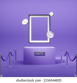 NFT Art And Cryptocurrency Floating, Blockchain. Empty Frame For Digital Image On Purple Background, Mockup Copy Space. 3D Rendering