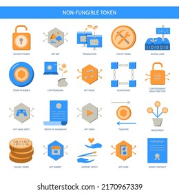NFT And Digital Assets Icon Set In Flat Style. Virtual Property, Smart Contracts And Cryptocurrency Symbols. 