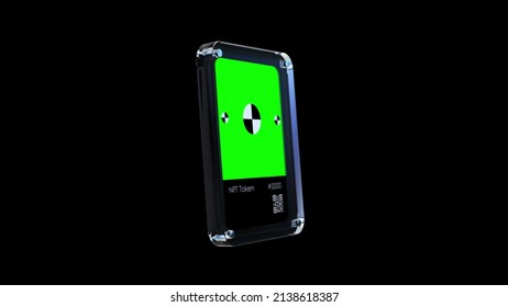 NFT Digital Collectible Card With Green Screen Isolated On Black Background. 3d Render Animation With Chroma Key For Mockup.