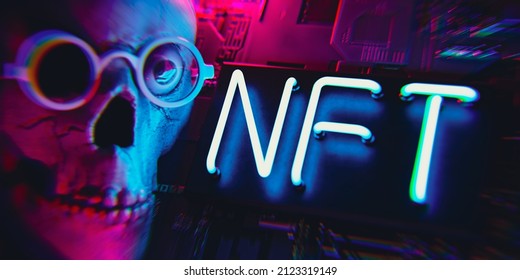 NFT Non-fungible Token, Crypto Art Concept With Neon Text. Sample Type Of Cryptographic Token Which Represents Unique Skull Face In Glasses - 3d Render