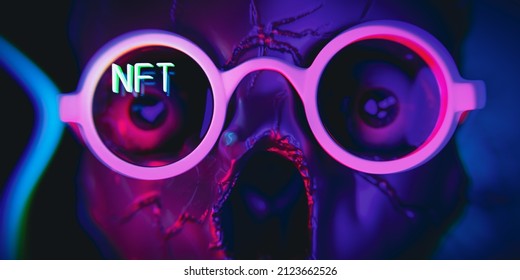 NFT Non-fungible Token, Crypto Art Concept With Neon Text. Sample Type Of Cryptographic Token Which Represents Unique Skull Face In Glasses - 3d Render