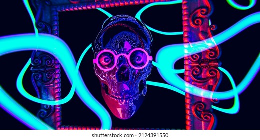 NFT Non-fungible Token, Crypto Art Concept With Neon Text. Sample Type Of Cryptographic Token Which Represents Unique Skull Face In Glasses - 3d Render