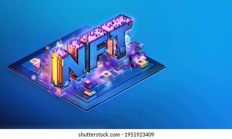 NFT Non-Fungible Token: Crypto Data Unit, Ethereum Blockchain Technology; Digital Art Files, Games, Collectibles, Music Unique Creations. NFT Non Fungible Cryptographic Token 3d Isometric Illustration