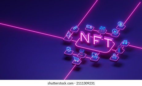 NFT Non-Fungible Token Cryptocurrency Unique Items Art Games Characters Collectibles Exchanging Technology Network Virtual Blockchain Marketplace Concept. 3d Rendering.