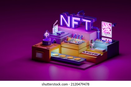 NFT Non-Fungible Token Cryptocurrency Unique Items Art Games Characters Collectibles Exchanging Metaverse Technology Network Virtual Blockchain Marketplace Concept. 3d Rendering.