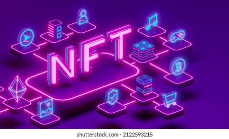 NFT Non-Fungible Token Cryptocurrency Unique Items Art Games Characters Collectibles Exchanging Technology Network Virtual Blockchain Marketplace Concept. 3d Rendering.