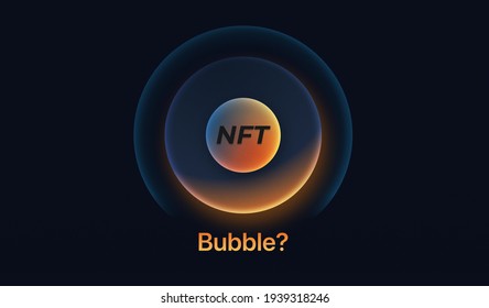 NFT Non-Fungible Token Logo. Carved Golden Logo Mockup On Golden Circles Surrounded By A Bubble, With A Black Background.
