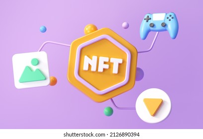 NFT Non-fungible Token With Types Of NFT Data Of Digital Files, 3d Nft Icon Symbol. 3d Render Illustration