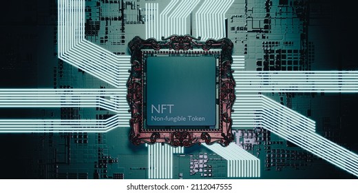 NFT Non-fungible Token. Vintage Golden Picture Frame With CPU Chip And Electric Circuit Concept Style 3d Illustration Backgroundbackground