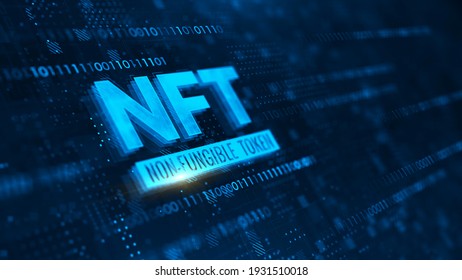 NFT-Konzept für nicht fungible Token auf dunkelblauem Hintergrund. 3D-Rendering