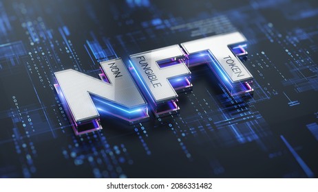 NFT nonfungible tokens concept - NFT word on abstract technology surface. 3d rendering