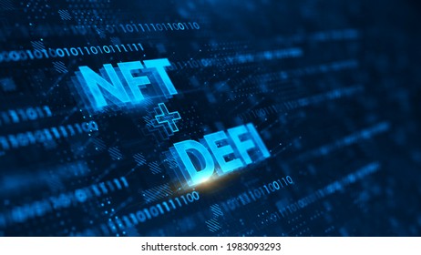 NFT nonfungible tokens and DeFi - Decentralized Finance concept on dark blue background. Concept of blockchain, decentralized financial system. 3d rendering