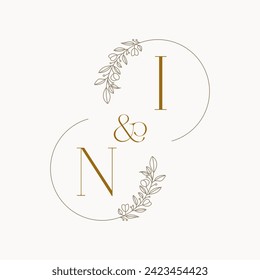 NI Logo initials wedding monogram logo design in simple brown circle leaf frame