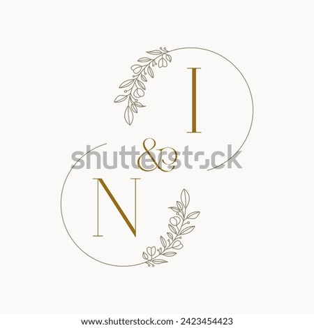 NI Logo initials wedding monogram logo design in simple brown circle leaf frame