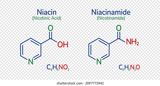 Niacin and niacinamide molecular  formula.  Nicotinamide, nicotinic acid molecule and simple text. Vitamin B3 image. Can use for medical, chemical cosmetic and scientific skeletal formula designs