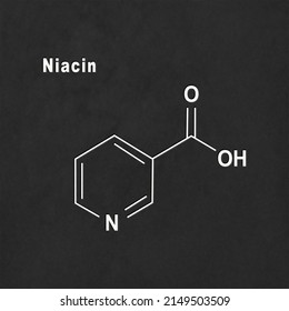 Niacin (nicotinic acid) molecule, vitamin B3 Structural chemical formula white on black background