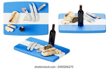 Nicaragua pride displayed through an assortment of local cheeses, cured meats, bread, and wine on the national flag. - Powered by Shutterstock