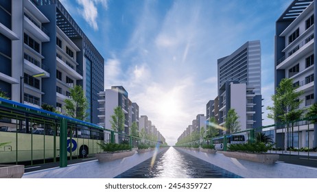 A nice canal separating 2 roads running along, high density area with high-rise buildings