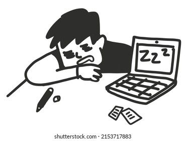 Nice Clean Hard Working Silhouette Black White Line Design Logo.Tired Sleepy Overload Working Man Icon Snap On His Working Desk With His Sticky Note Pencil And Computer Zzz Sign Appear On The Monitor.