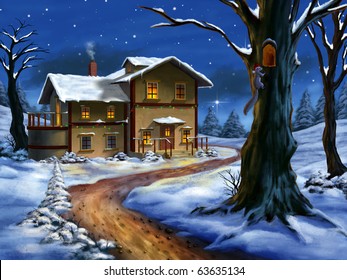 A nice cottage in a wonderful christmas landscape. Hand painted illustration. - Powered by Shutterstock