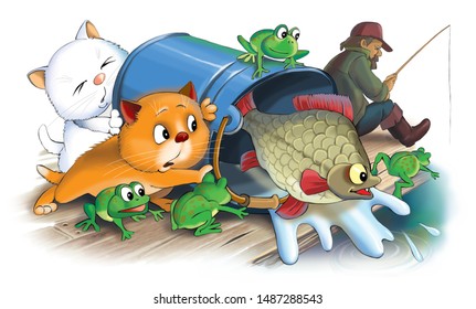 Nice funny illustration. Kittens save the fish. The fisherman does not see anything.