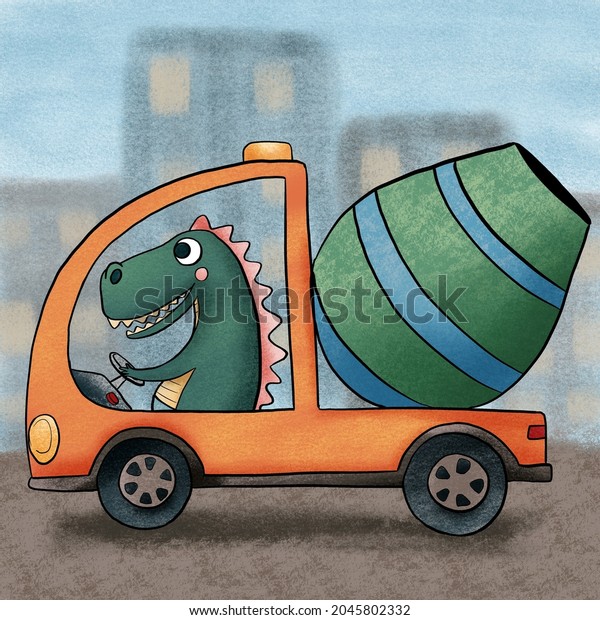 Nice green alligator dragon dinosaur on the\
funny concrete mixer truck building\
car