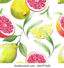 Nice Handmade Pattern Of Tea Leafs And Citrus Fruits: Lemon, Grapefruit, Orange, Lime. Watercolor. 