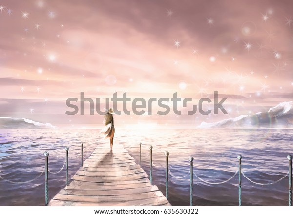 日差しの良いイラスト 海辺の桟橋に立つドレスを着た女の子 絵 夜明けか夕焼けでにらみつける パステルピンクと青の色 空想 のイラスト素材