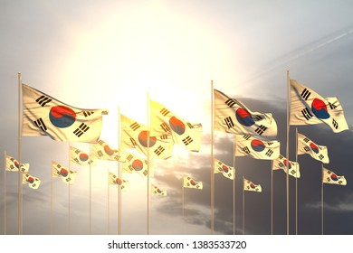 Nice Memorial Day Flag 3d Illustration
 - Many Republic Of Korea (South Korea) Flags In A Row On Sunset With Empty Place For Text