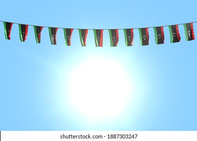 Nice Memorial Day Flag 3d Illustration
 - Many Libya Flags Or Banners Hangs On Rope On Blue Sky Background