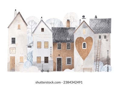 Nice winter old town. Watercolor old buildings. Winter city landscape.