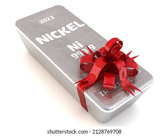 Nickel. Bullion Of The Highest Standard As A Gift. One Ingot Of 999.9 Fine Nickel Tied With A Red Ribbon And A Bow. 3D Illustration