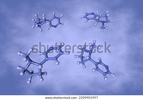 Nicotine, an alkaloid present\
in the nightshade family of plants. Molecular model on blue\
background. Medical background. Scientific background. 3d\
illustration