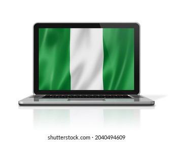 Nigeria flag on laptop screen isolated on white. 3D illustration render.