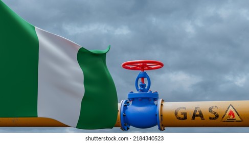 Nigeria Gas, Valve On The Main Gas Pipeline Nigeria, Pipeline With Flag Nigeria, Pipes Of Gas From Nigeria, 3D Work And 3D Image