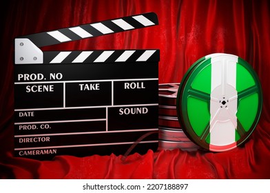 Nigerian Cinematography, Film Industry, Cinema In Nigeria, Concept. Clapperboard With And Film Reels On The Red Fabric, 3D Rendering