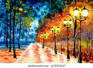 Night Autumn City Alley. Original Expressionism Painting Evening Park Cityscape. Abstract Blue-orange Lonely Night Park.Impressionism. Fine Art.