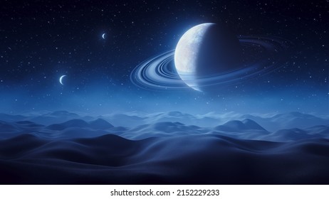 Night Background Of A Desert Landscape With A Planet With Rings In The Sky And Two Small Satellites. Sci-fi Environment. 3D Rendering