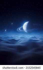 Night Background Of A Desert Landscape With A Planet With Rings In The Sky And Two Small Satellites. Sci-fi Environment. 3D Rendering