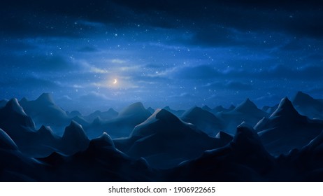 Night background rocky mountains that stretch to the horizon under the moonlight  Fantasy landscape  Digital painting illustration
