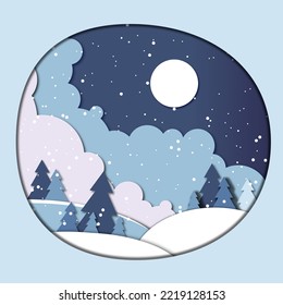 Night Background With Snow Covered Hills In Fir Forest. Winter Night Scene In Paper Cut Style. Festive Layered Background With 3D Realistic Paper Christmas Landscape And Snowfall.